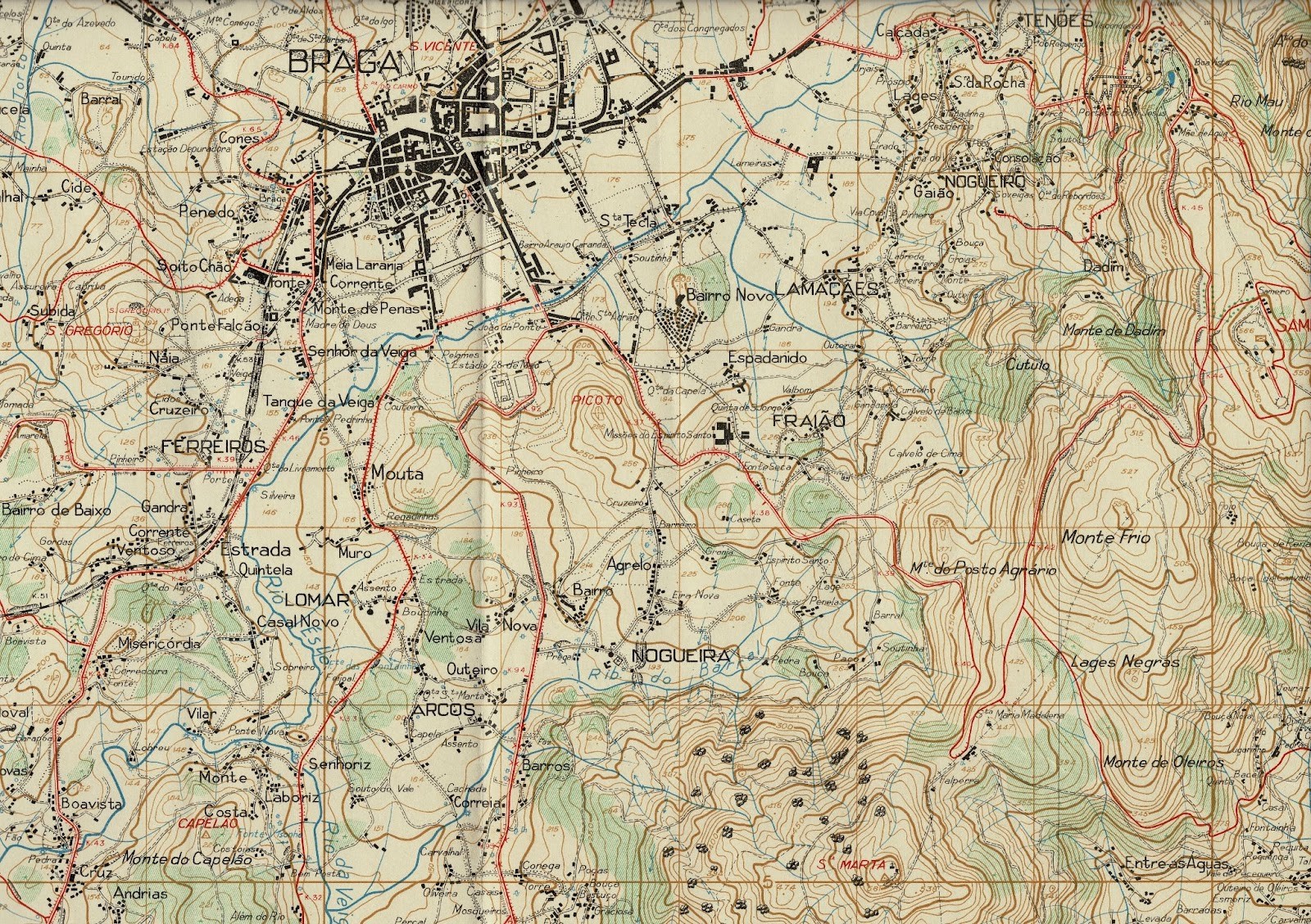 braga - excerto de carta militar - 1948 - rio este e as alterações climáticas em braga